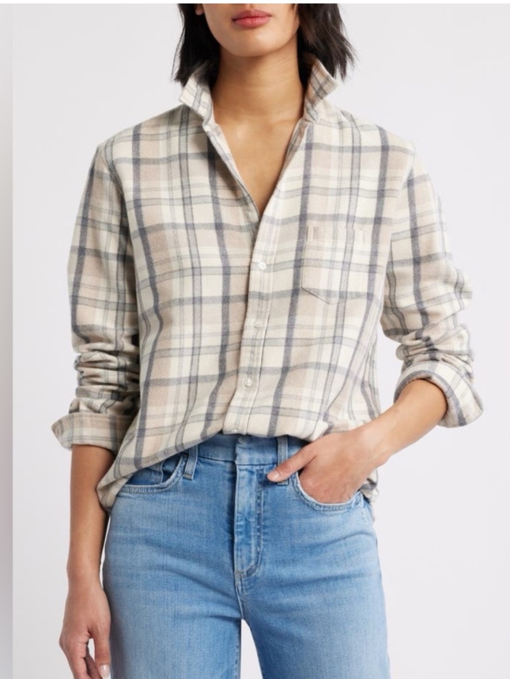 Frank & Eileen Cream Grey Plaid Button-Up Shirt Italian Flannel sz S